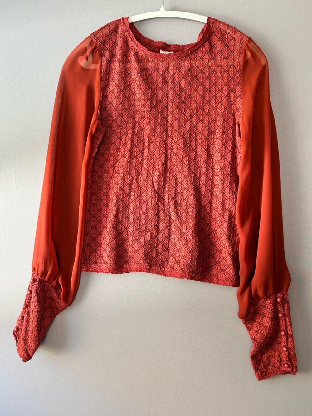Free People Rust Lace & Chiffon Long-Sleeve Blouse (A0117)